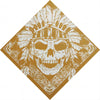 Bandana en forma de diamante con calavera blanca y corona, rodeada de hojas, impresa en oro sobre fondo marrón.