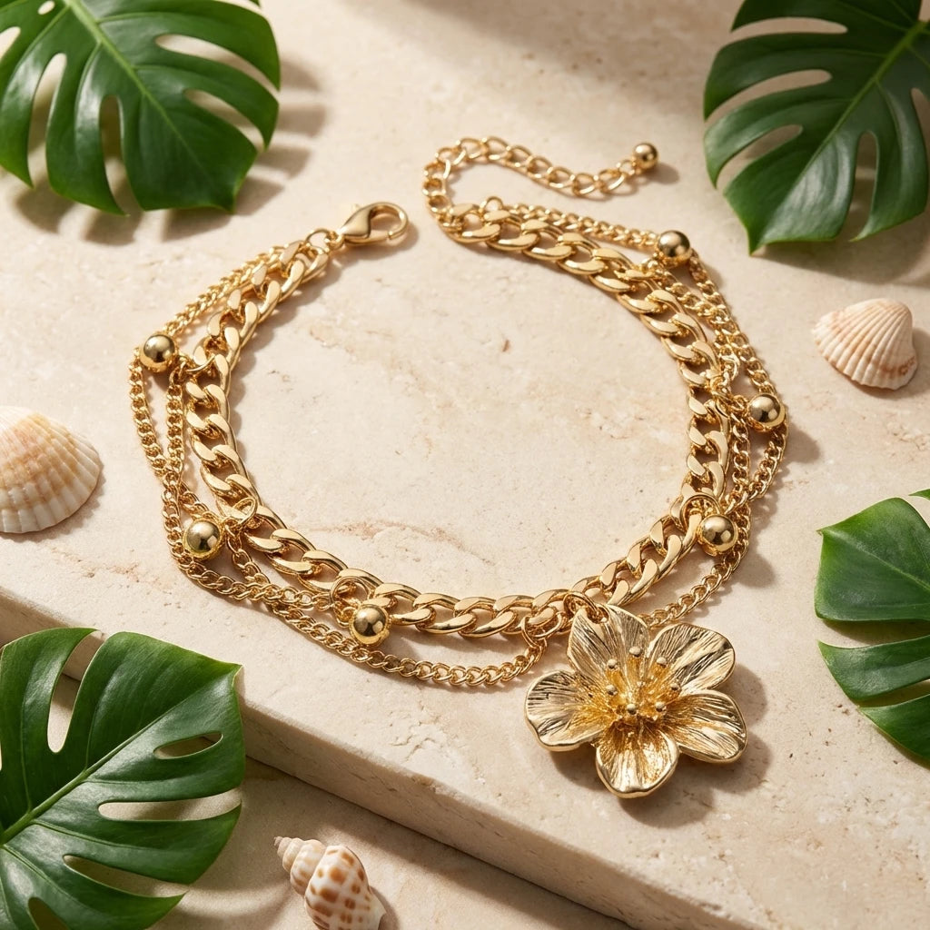 A gold chain anklet featuring a floral pendant rests on a light surface surrounded by green tropical leaves and seashells.