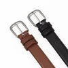 A brown leather belt with a silver buckle and a black strap is shown.
