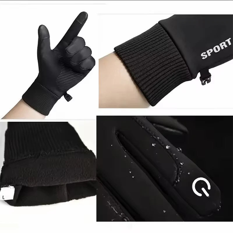 Black winter gloves with a ribbed cuff and a white logo on the wrist.
