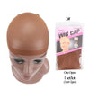 A brown wig cap is shown on a mannequin head, packaged with instructions for styling and accessories.