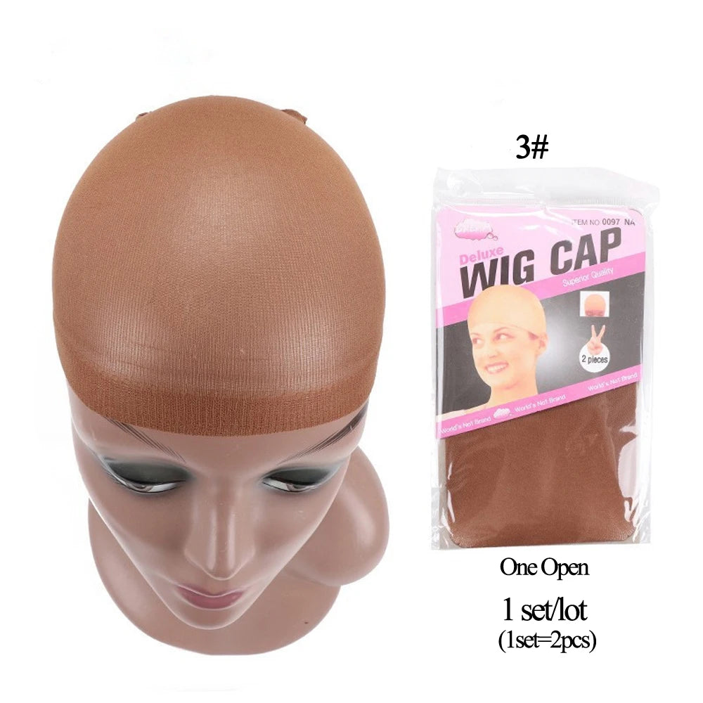 A brown wig cap is shown on a mannequin head, packaged with instructions for styling and accessories.