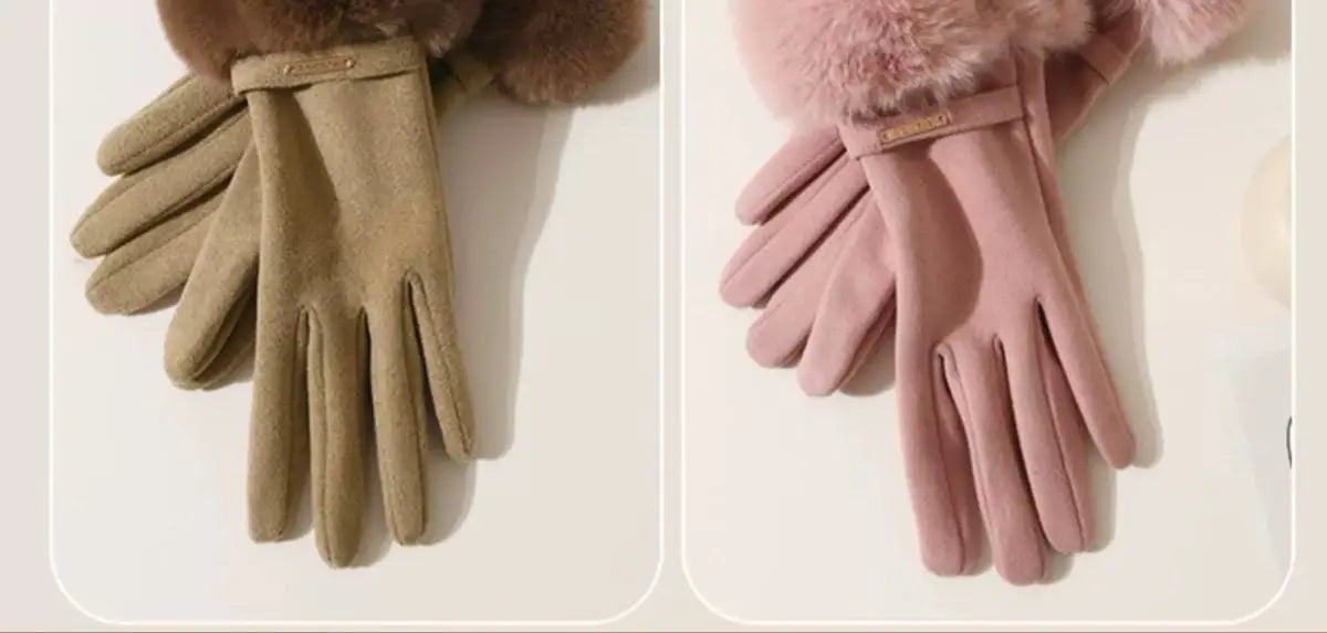 A pair of plush wrist gloves in olive green and dusty pink suede with faux fur trim.