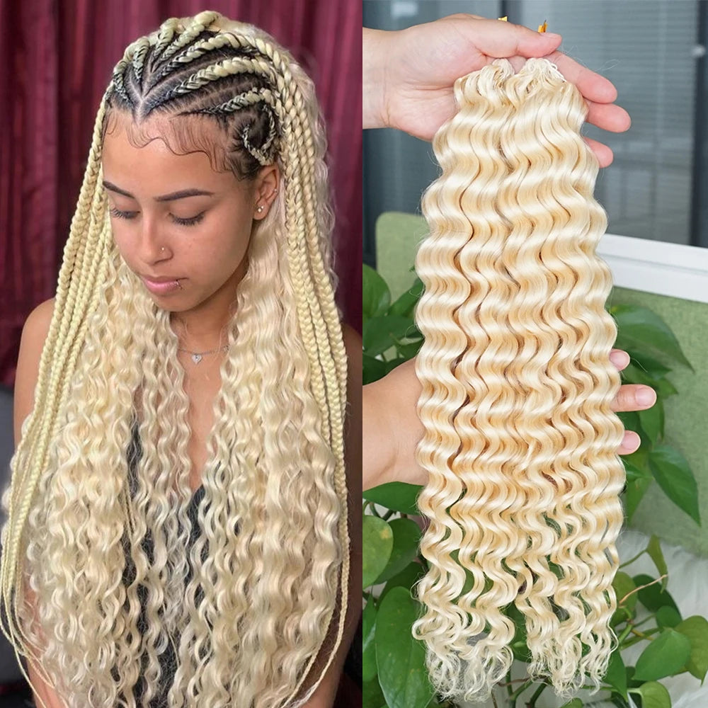 Nahaufnahme langes blondes Haar, das zu Cornrows geflochten wird