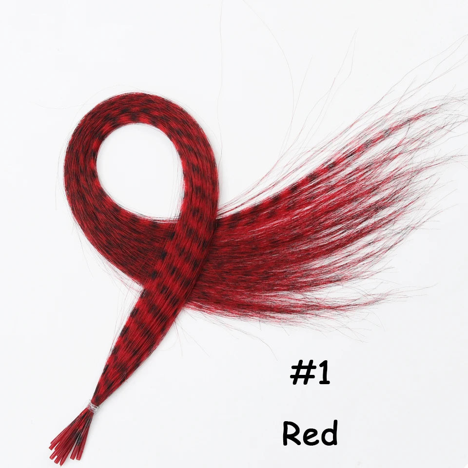 Extensión de cabello sintético rojo y rayado en forma de cinta de plumas.