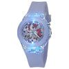 A light purple unicorn-themed fashion watch with a clear crystal face and silver accents.