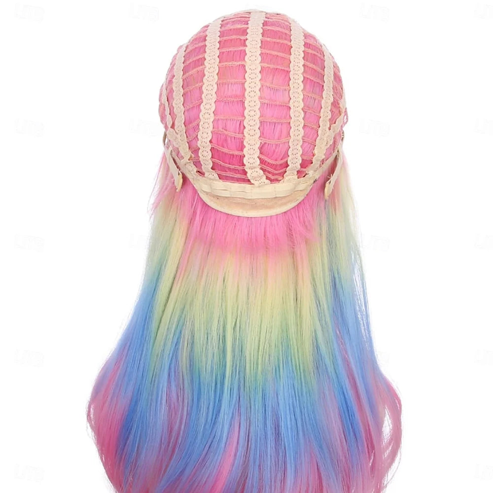 A long, straight synthetic wig featuring a rainbow ombre color transition from pink to blue and green, with a pink netted fri