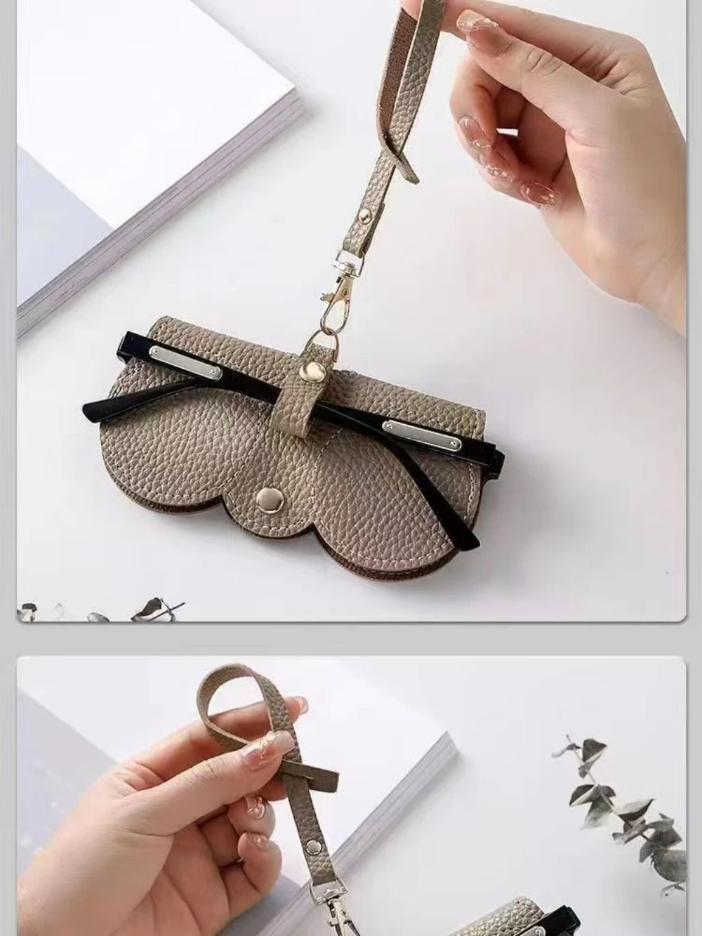 Étui pour lunettes en cuir PU marron embossé avec une sangle en cuir, sur fond blanc.