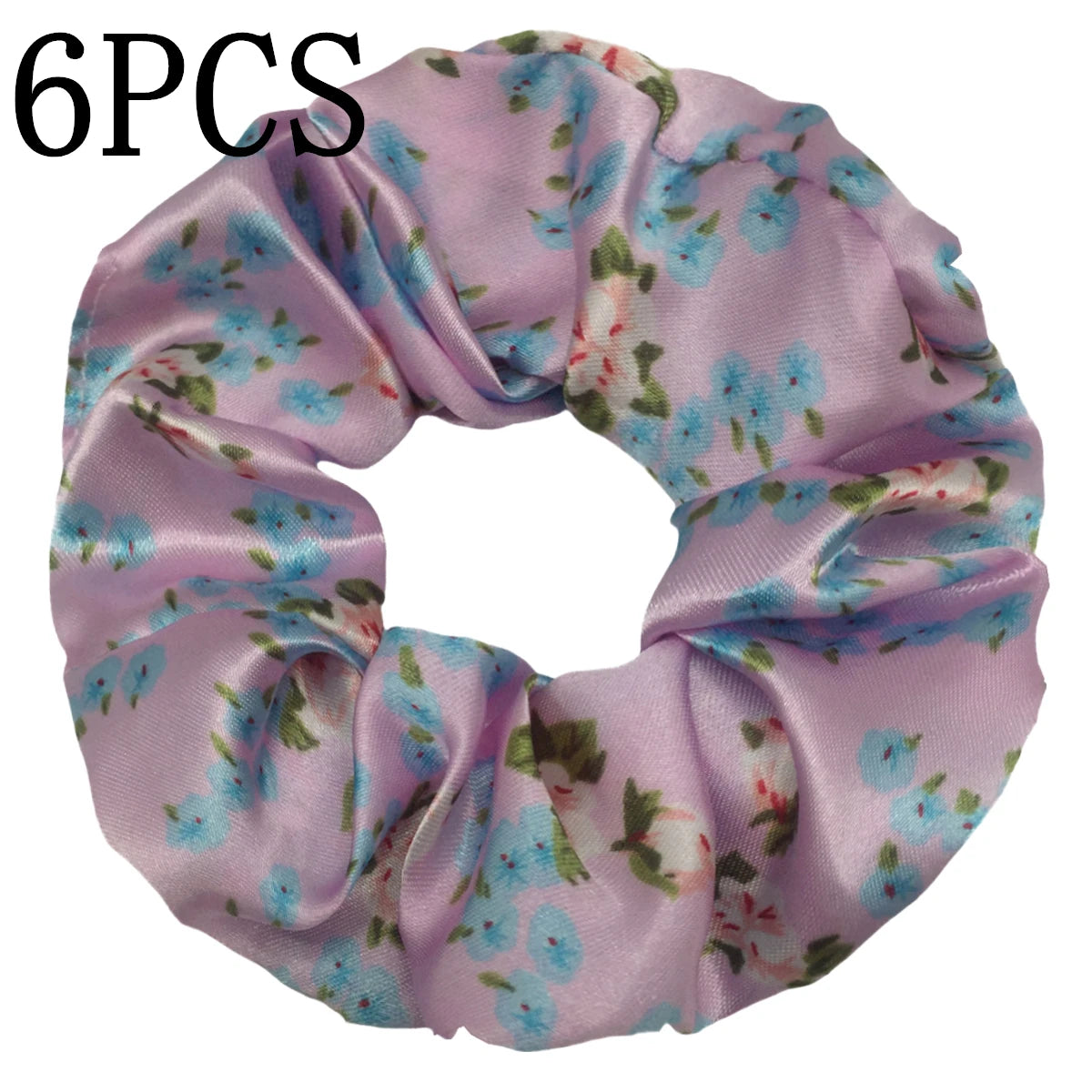 Seis gomas de tela satinada con estampado floral lavanda claro y flores azules y verdes.