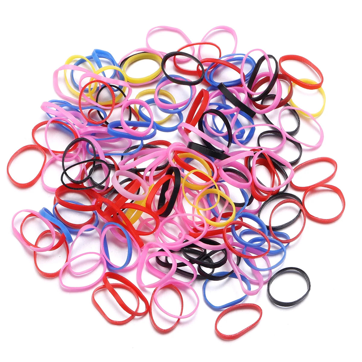 A pile of colorful elastic hair ties in various bright colors including pink, blue, yellow, and black.
