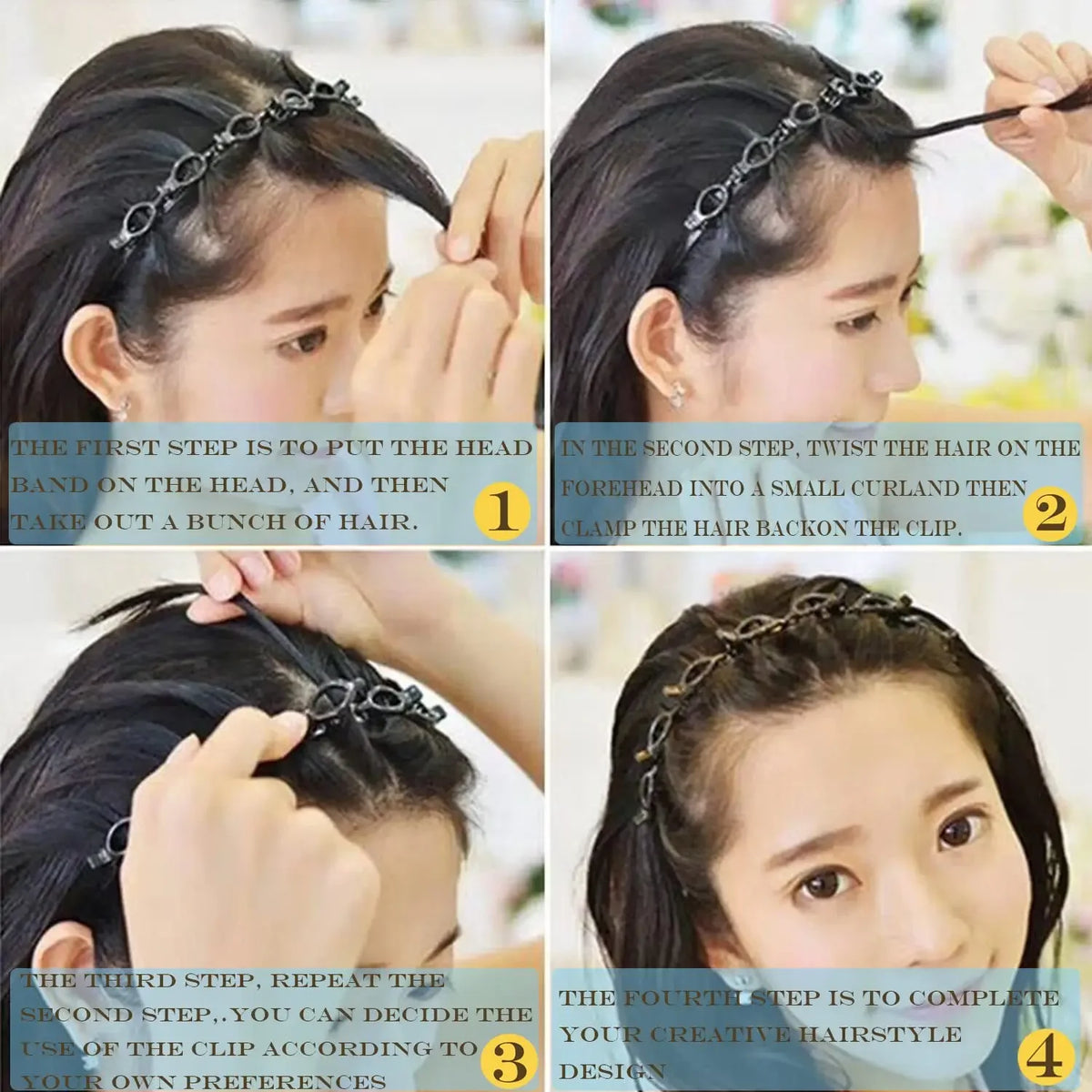 Vier Schritte, wie man doppelschichtige geflochtene Accessoires für den Haarstyling verwendet