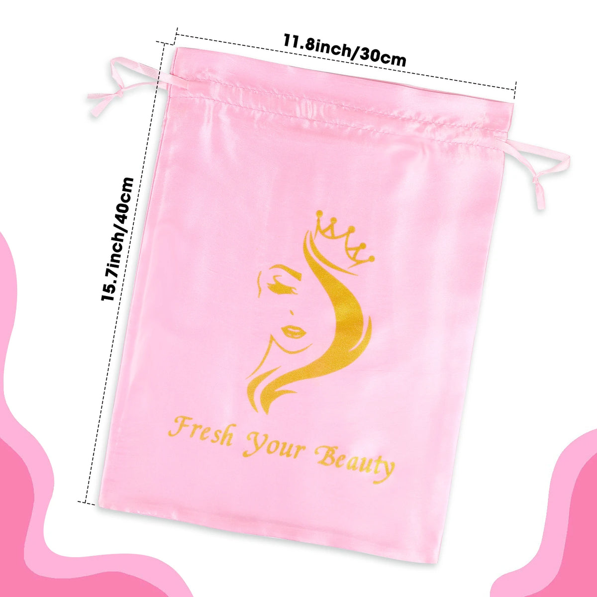 Pink satin drawstring storage bag featuring a gold crown design for wig and hair extensions