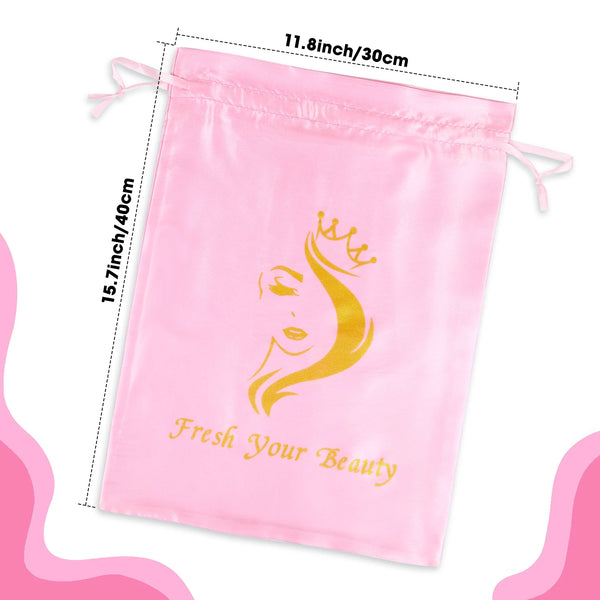 Pink satin drawstring storage bag featuring a gold crown design for wig and hair extensions
