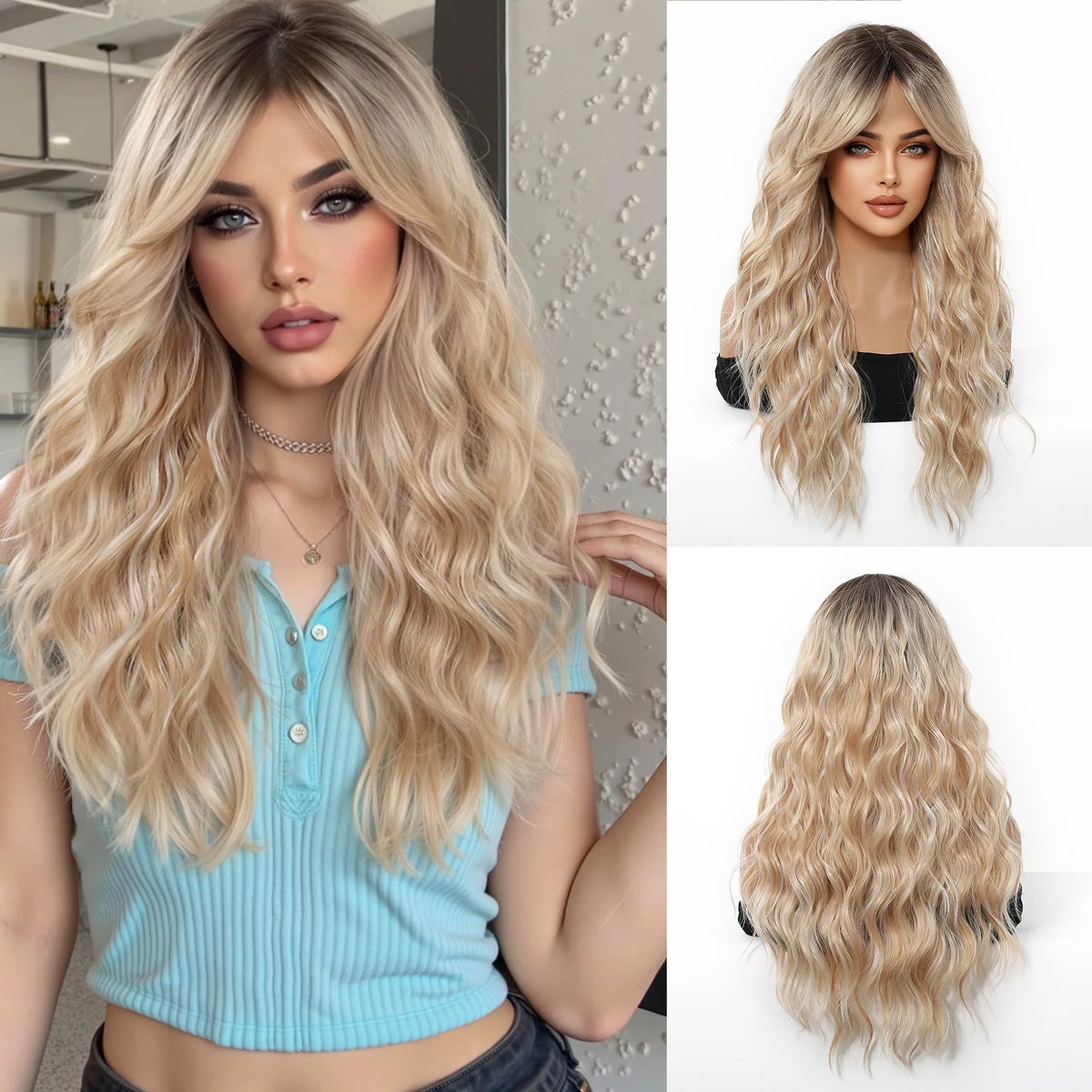 Sandy blonde golden wavy cosplay wig with long bangs displayed on a model and separate display.