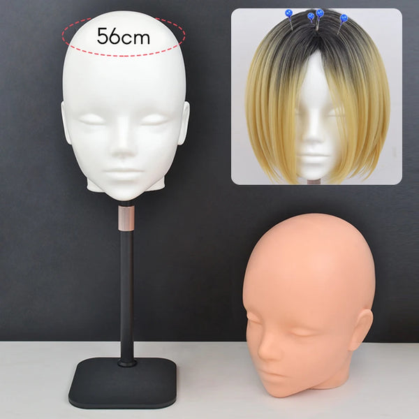 A professional mannequin wig stand displaying a blonde wig on a head form and a separate skin tone head.