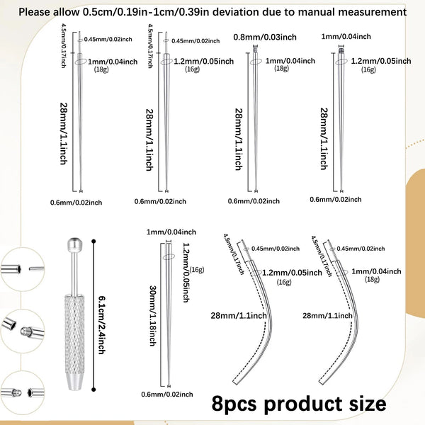 A set of titanium piercing tools showing various sizes and measurements for nose, lip, and cartilage piercings.