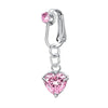 Silver fashion belly button ring with a pink heart gemstone and a jump ring.