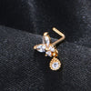 Anneau nasal en acier inoxydable en forme de L, ton or, avec un design floral et rond en diamant.