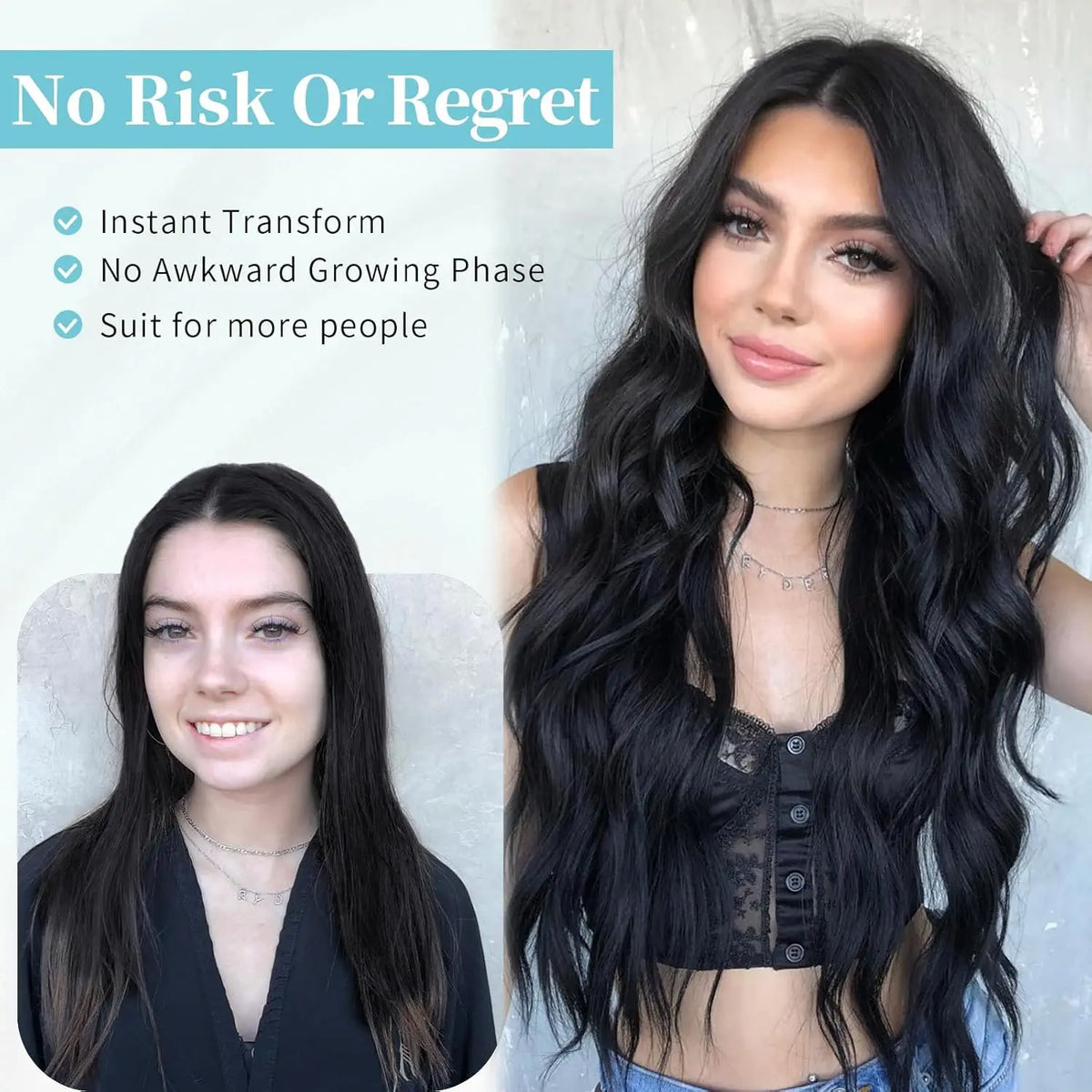 A woman models a long wavy lace front wig with dark hair and black clothing.