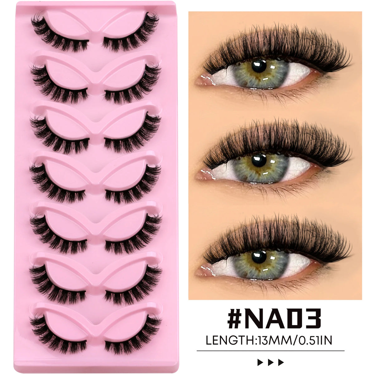 A pink plastic tray holding various styles of black faux mink cat eye eyelashes with a close-up of an eye application.