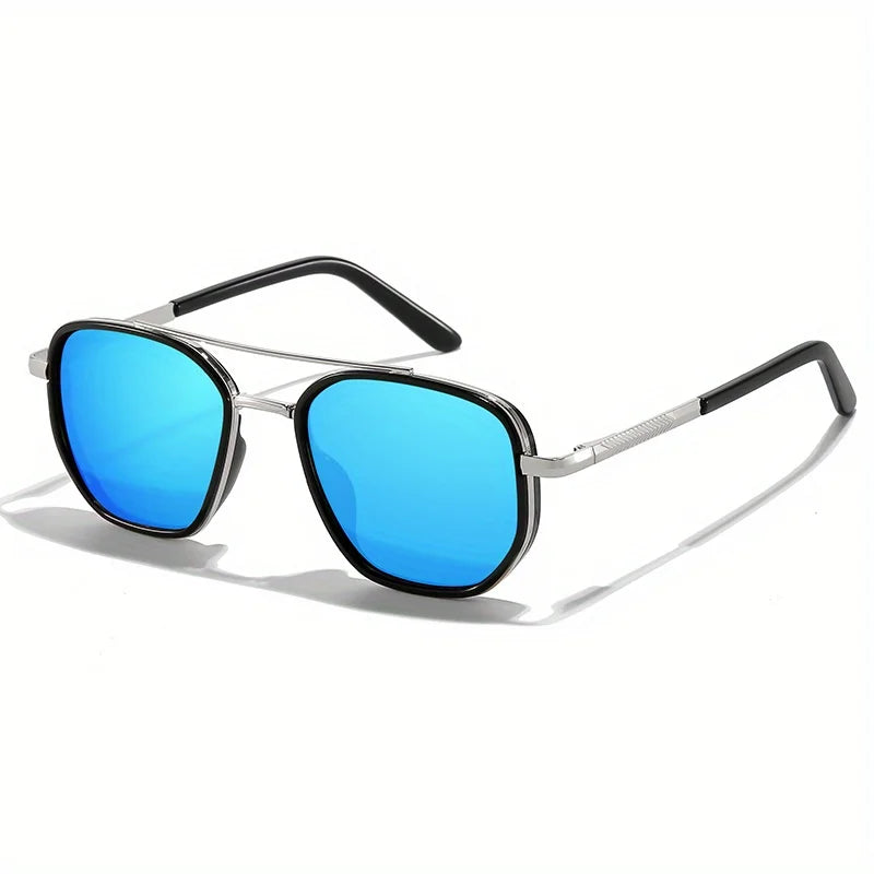 Blue vintage polarized square sunglasses with silver metal frames