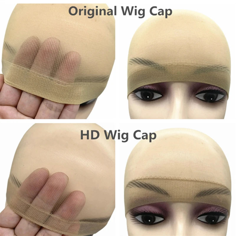 Comparison of an original and an HD wig cap for natural hair, showing the difference in texture and detail.