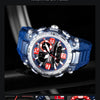 A blue digital wristwatch featuring a dual display dial, shown with close-up views of its alarm clock, week display, and dazz