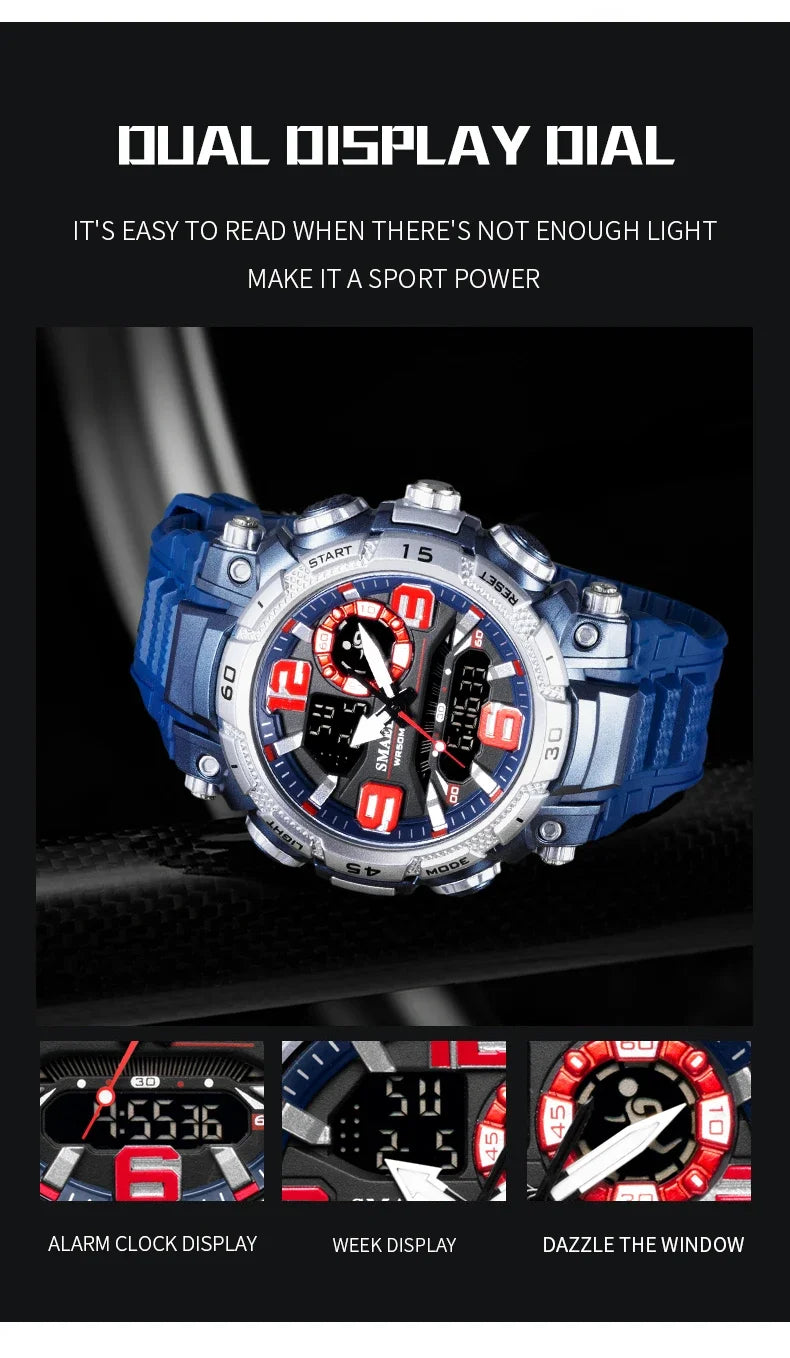 A blue digital wristwatch featuring a dual display dial, shown with close-up views of its alarm clock, week display, and dazz