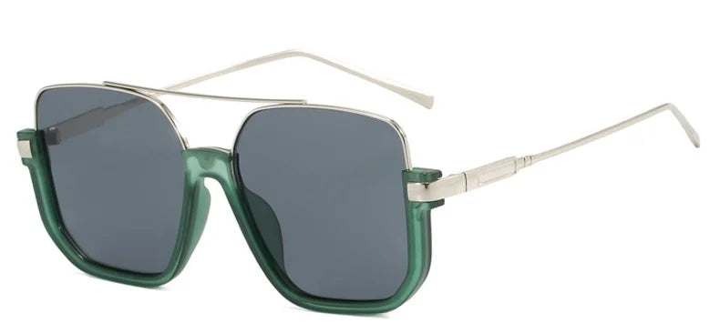 A pair of dark green double bridge oversized square sunglasses with thin metal arms.