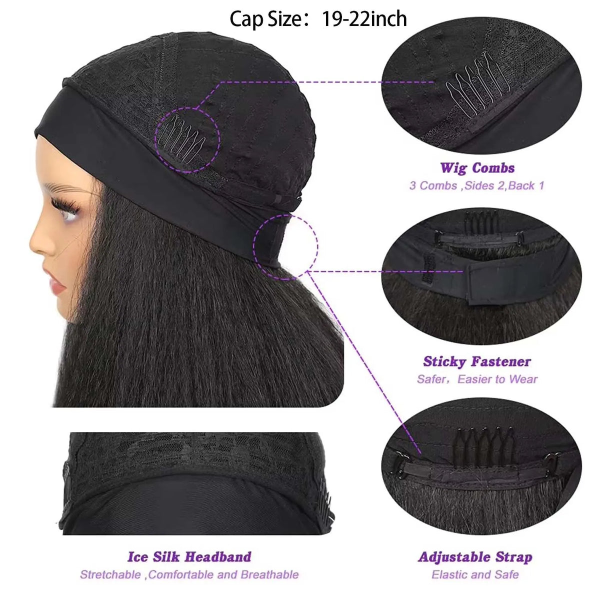 Black straight synthetic wig headband with adjustable strap and sticky fastener