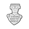 A silver enamel lapel pin shaped like a hand holding a heart, with a face wearing glasses.