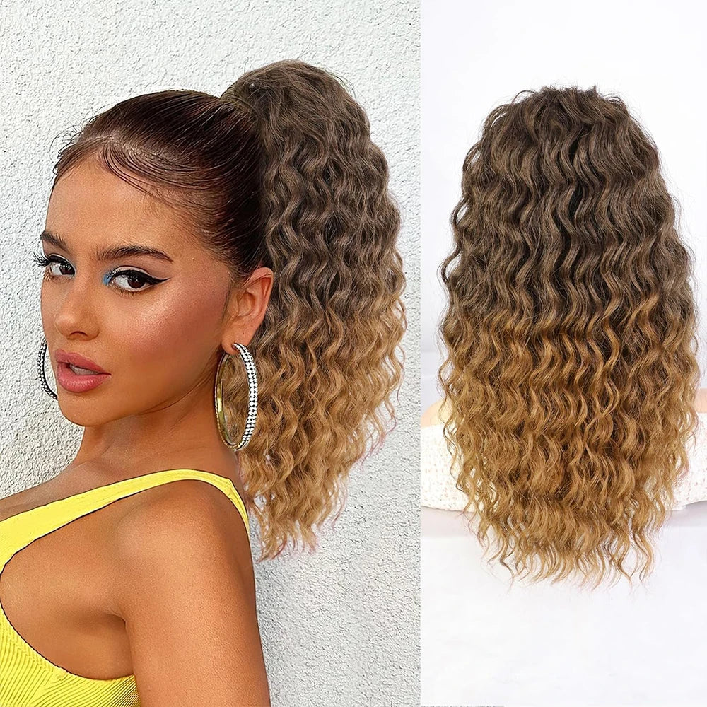 Close-up of a woman with long, wavy brown hair styled in a high ponytail, showcasing curly drawstring extensions.