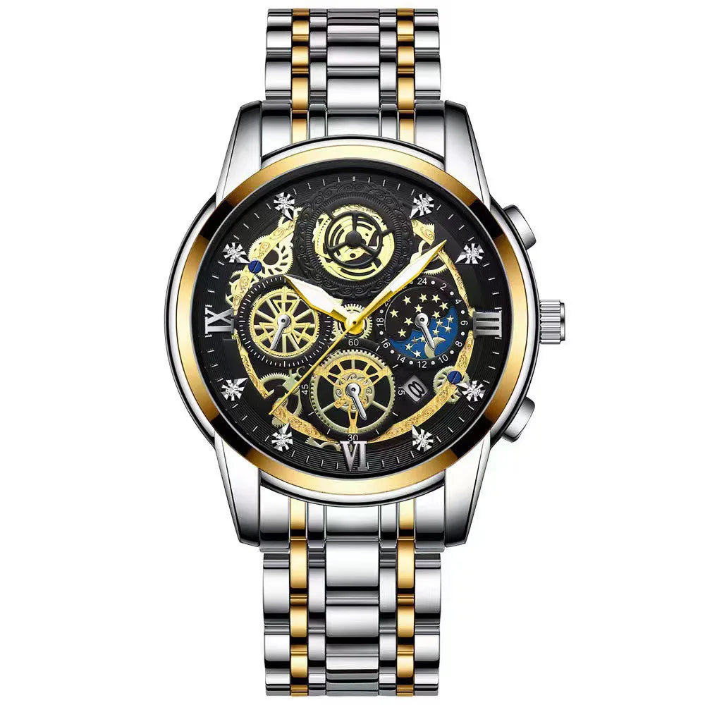 A stainless steel quartz wristwatch with a black dial, gold accents, and a silver bracelet.