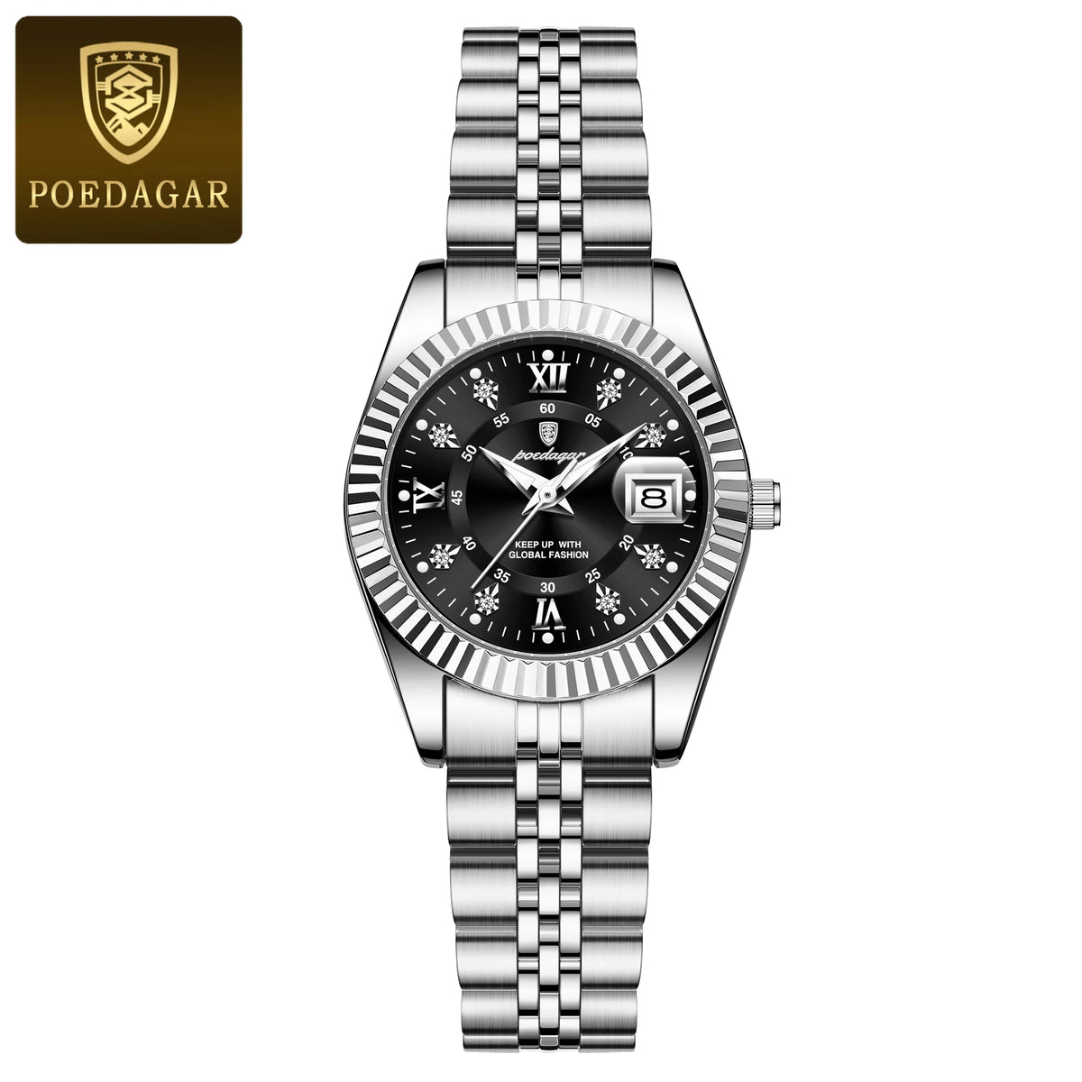 A stainless steel quartz ladies wristwatch with a silver bracelet and luminous features.