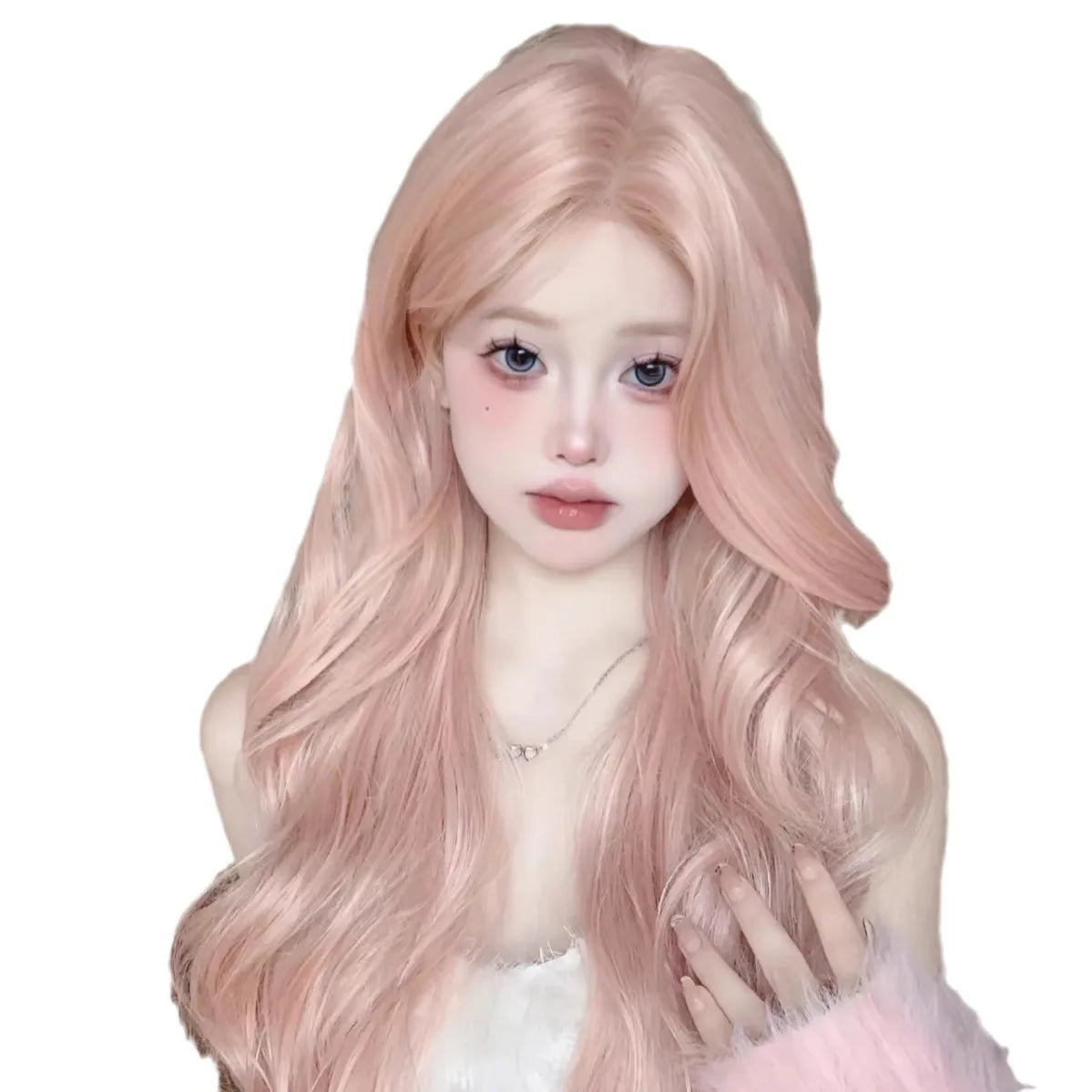 Primer plano de una mujer con peluca sintética de cabello largo, rosa de rosa y flequillo.