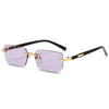 Rimless rectangle sunglasses with purple lenses and black frames