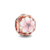 Rose gold charm pendant shaped like a pink cherry blossom flower with a diamond center.