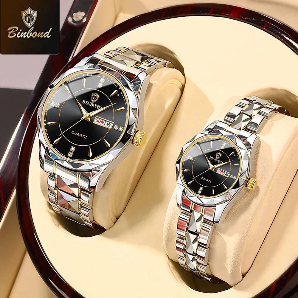 A pair of stainless steel quartz watches displayed in a wooden box with light-colored lining.