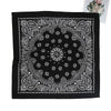 Black and white paisley bandana scarf featuring intricate floral patterns on a white background.