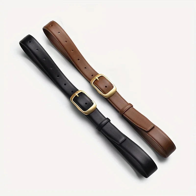 A brown leather belt with a black strap and a gold-toned metal buckle displayed on a white background.