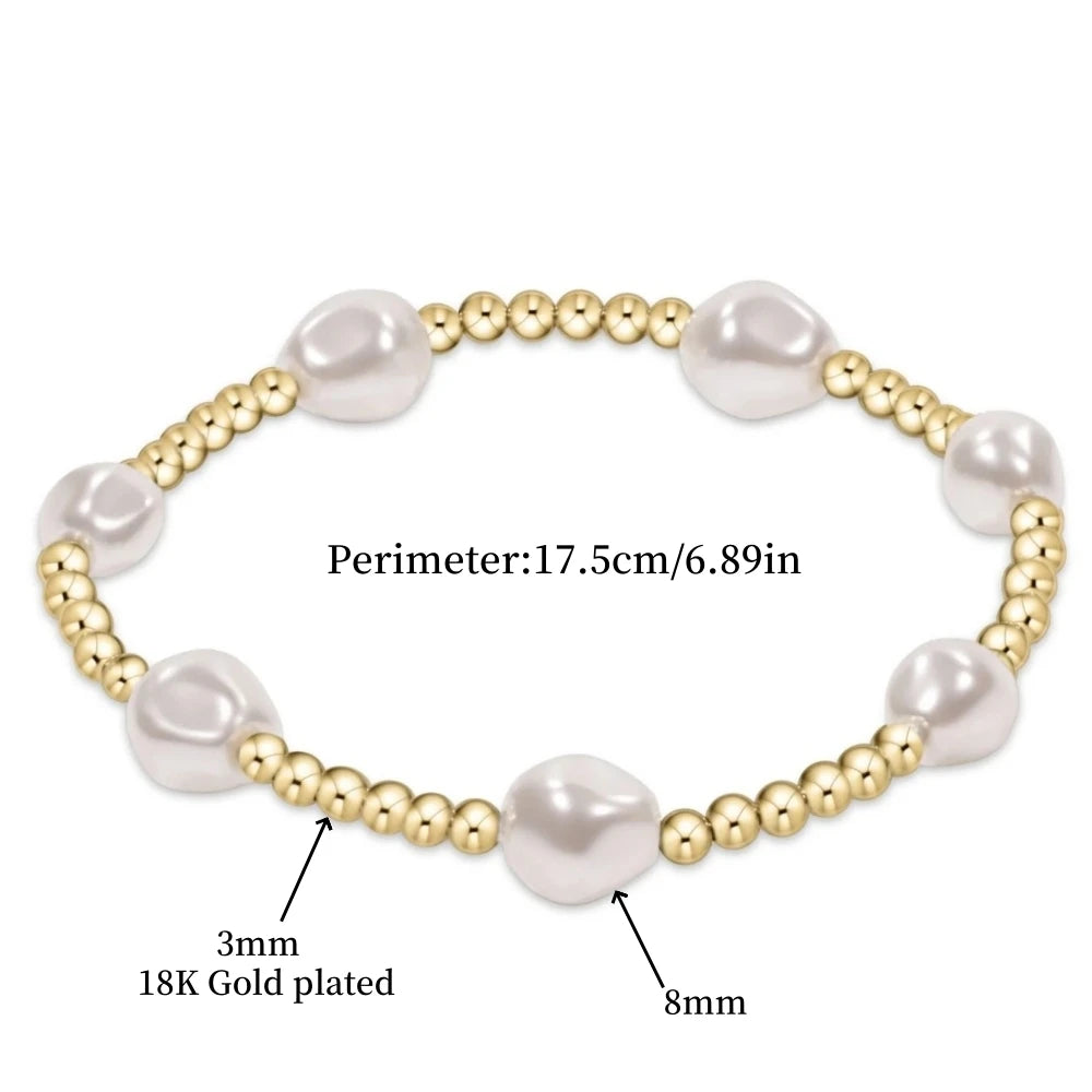 Bracelet empilable en perles plaquées or 18K, avec une taille de perle de 3mm et une chaîne de 8mm.