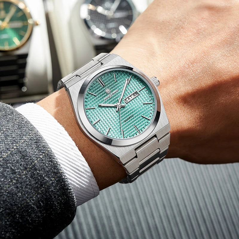 A close-up shot of a silver Satchi luxury men's waterproof quartz wristwatch on a person's wrist.