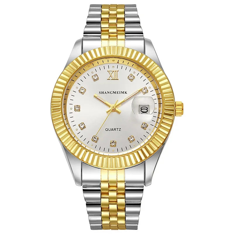 Silber- und Gold-Herren-Quarz-Armbanduhr mit weißem Zifferblatt und römischen Ziffern.