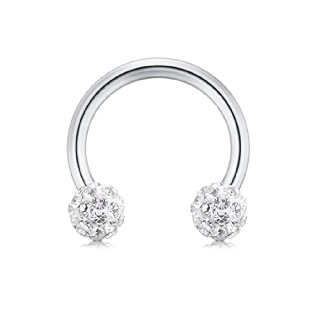 Silver horseshoe barbell ring set with two round clear crystals