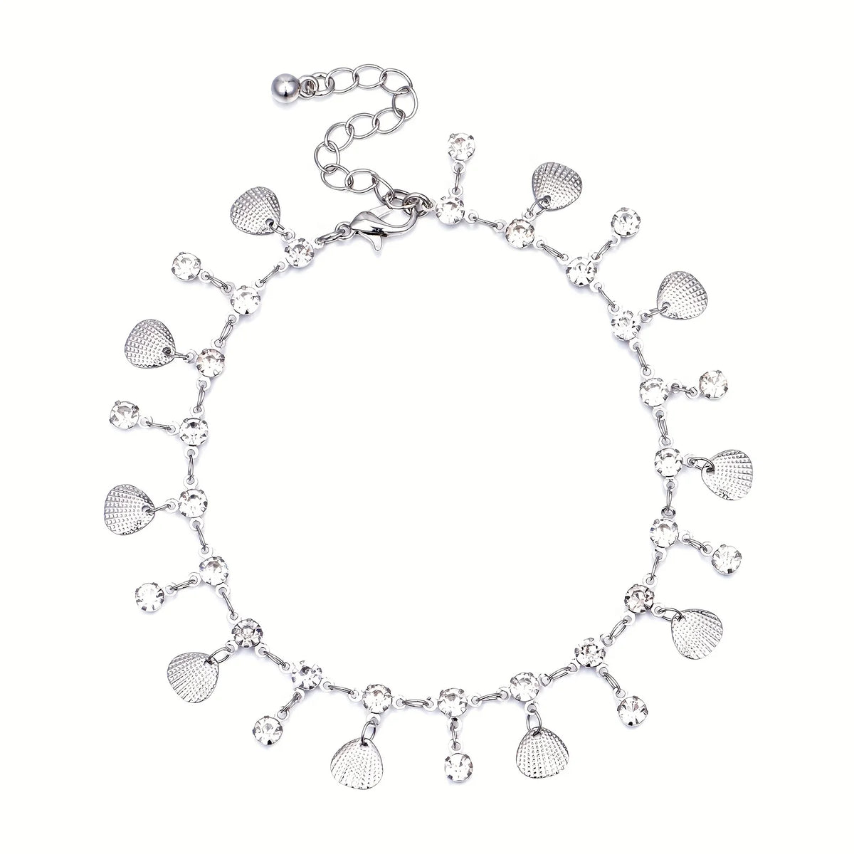 Stainless steel anklet featuring blue rhinestone pendants.