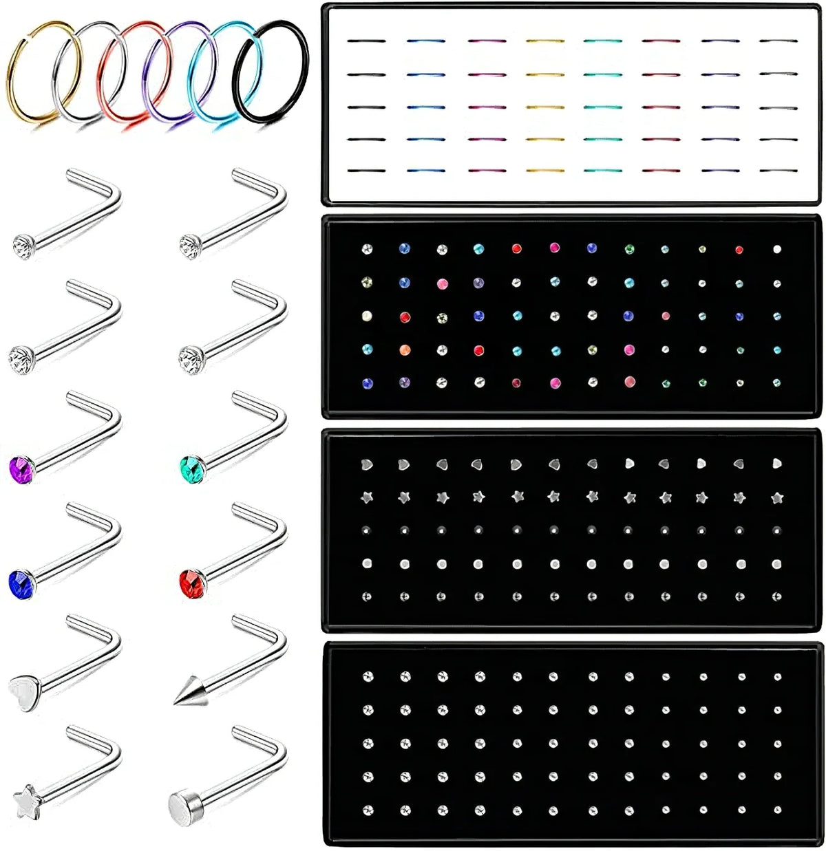 A set of stainless steel nose studs and body piercing jewelry in various colors and styles.