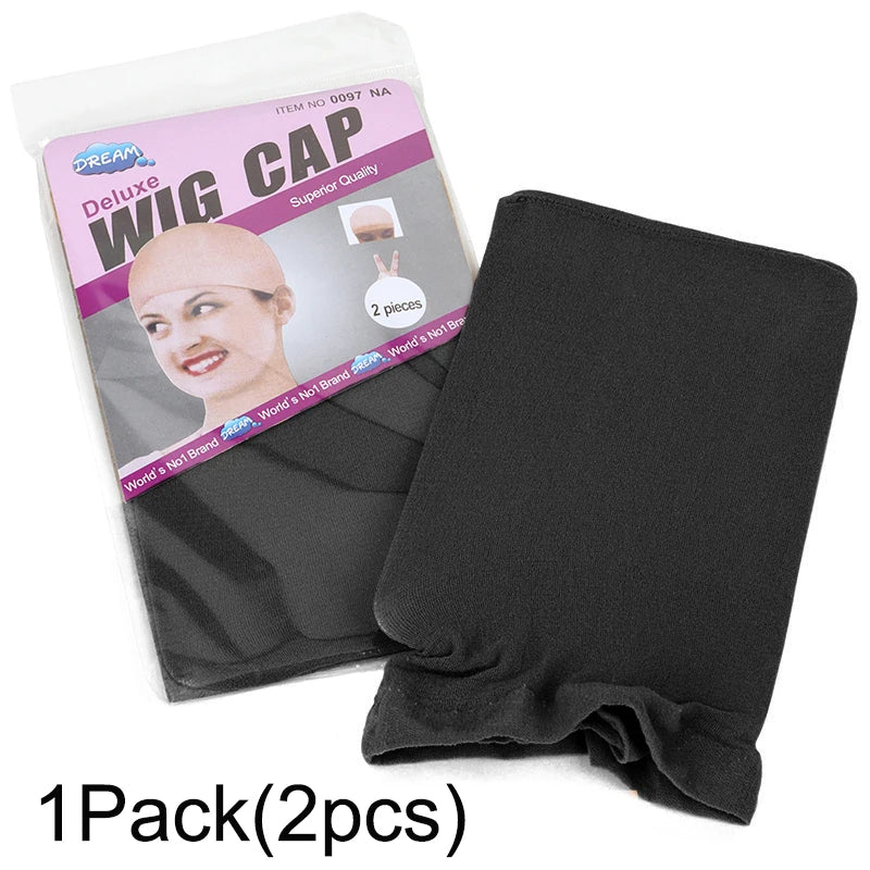 A package of two black wig caps for wigs and hair netting.