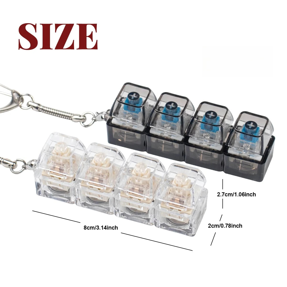 A set of clear plastic LED fidget keychains with blue lights attached to a silver chain.