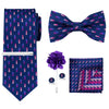 A set of men's formal tie and accessory featuring a blue patterned tie, bow tie, and pocket square.
