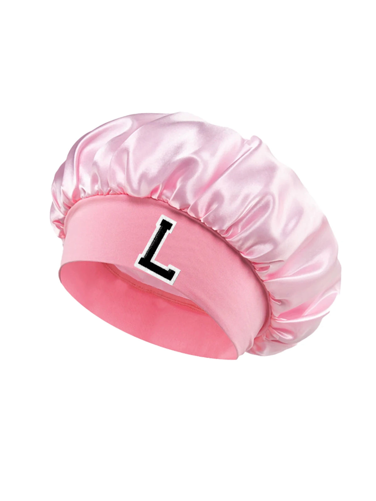 Pink satin hair cap with a black letter L print on the side